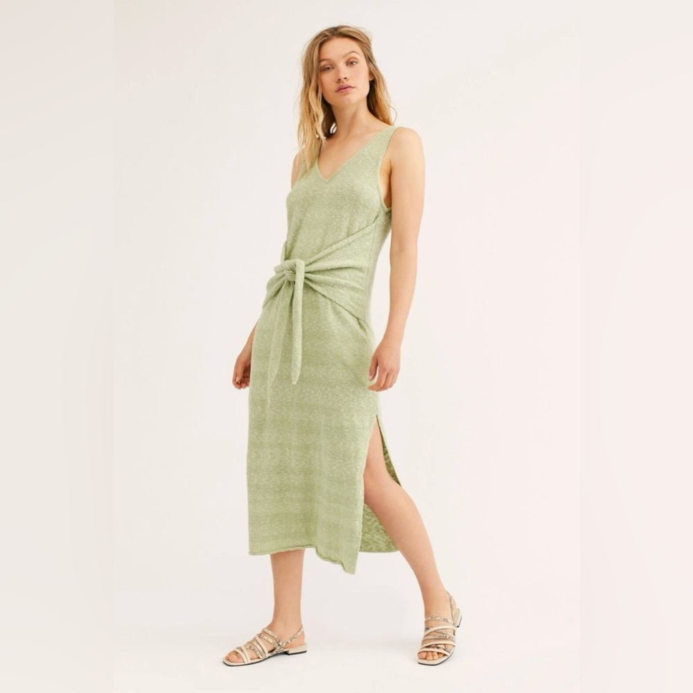 Free People Light Green Tie-Front Midi Dress XS